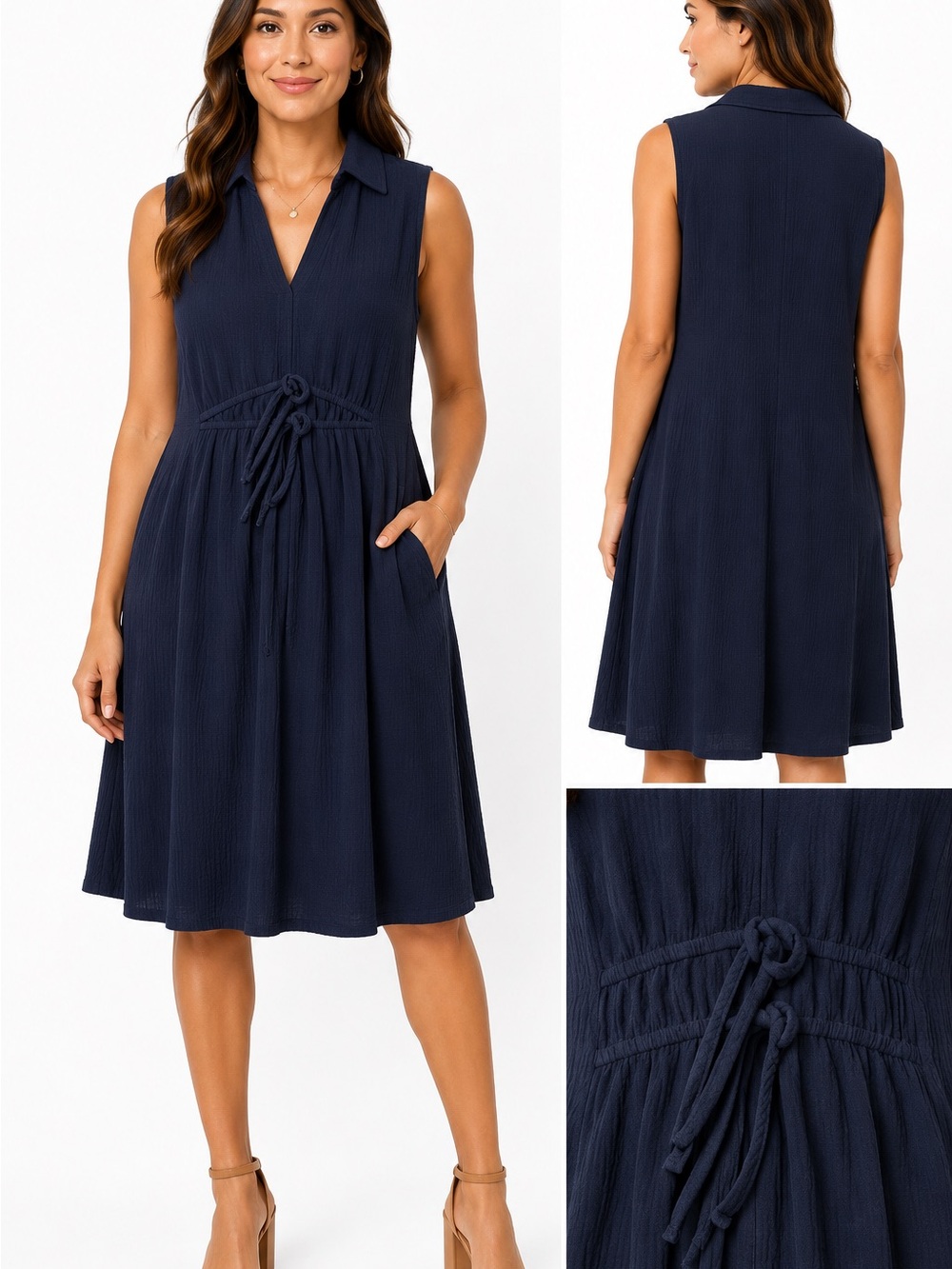 Nina Leonard Navy Sleeveless V-Neck Drawstring A-Line Dress